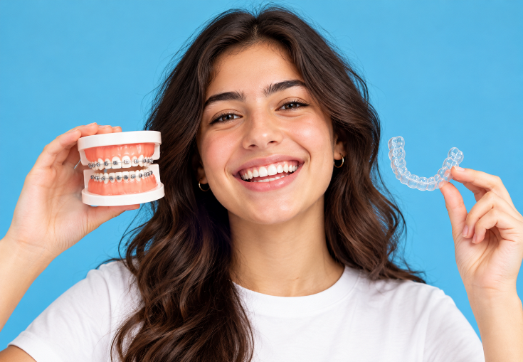 Teen smiling while holding dental models